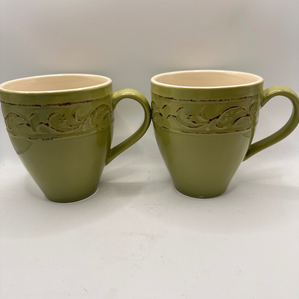Pier 1 Antique Floral Stoneware Mugs Set of 2 Sage Green Embossed Scroll 16oz